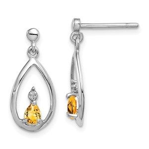 925 Sterling Silver  Pear Citrine Nov Birthstone Diamond Post Earrings 19 x 8 mm